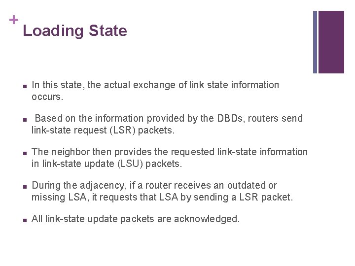 + Loading State ■ In this state, the actual exchange of link state information