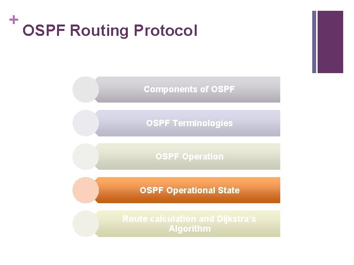 + OSPF Routing Protocol Components of OSPF Terminologies OSPF Operational State Route calculation and