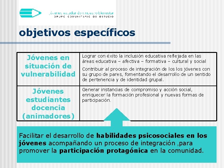 objetivos específicos Jóvenes en situación de vulnerabilidad Lograr con éxito la inclusión educativa reflejada