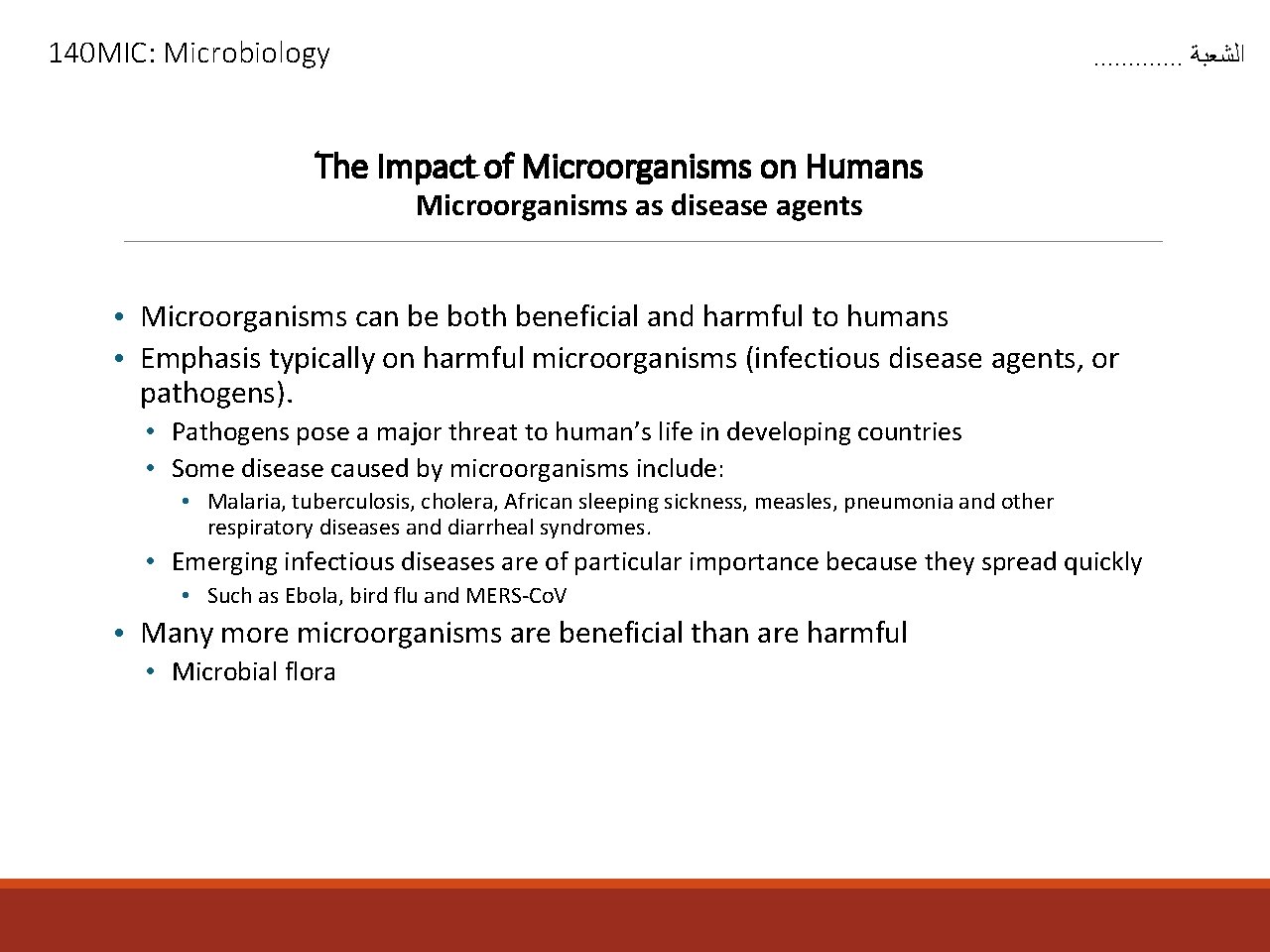 140 MIC: Microbiology . . . ﺍﻟﺸﻌﺒﺔ The Impact of Microorganisms on Humans Microorganisms