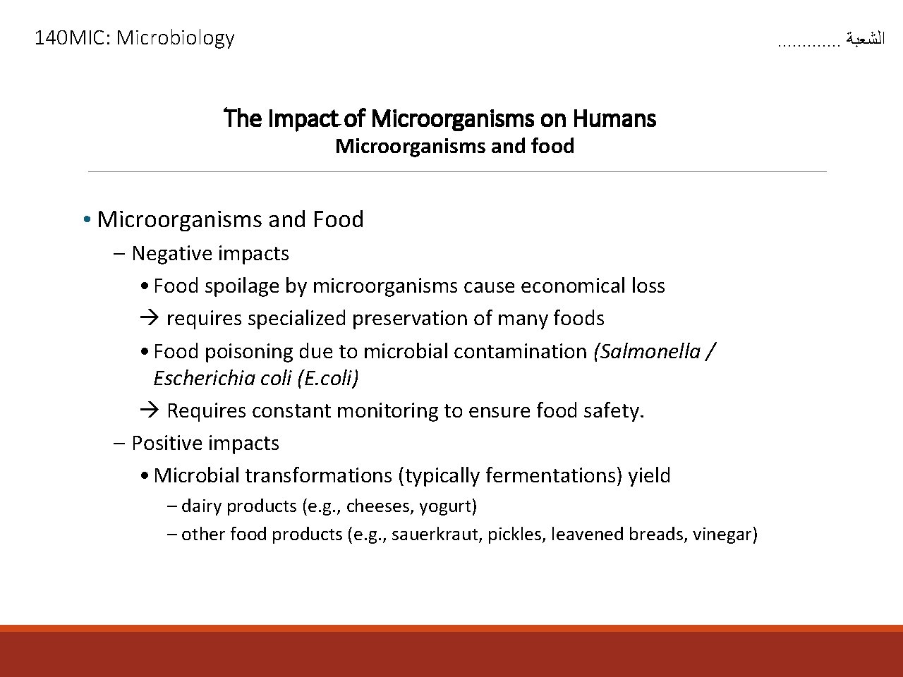 140 MIC: Microbiology . . . ﺍﻟﺸﻌﺒﺔ The Impact of Microorganisms on Humans Microorganisms