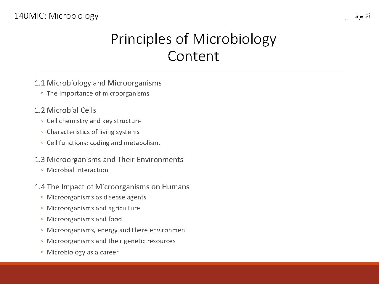 140 MIC: Microbiology . . ﺍﻟﺸﻌﺒﺔ Principles of Microbiology Content 1. 1 Microbiology and