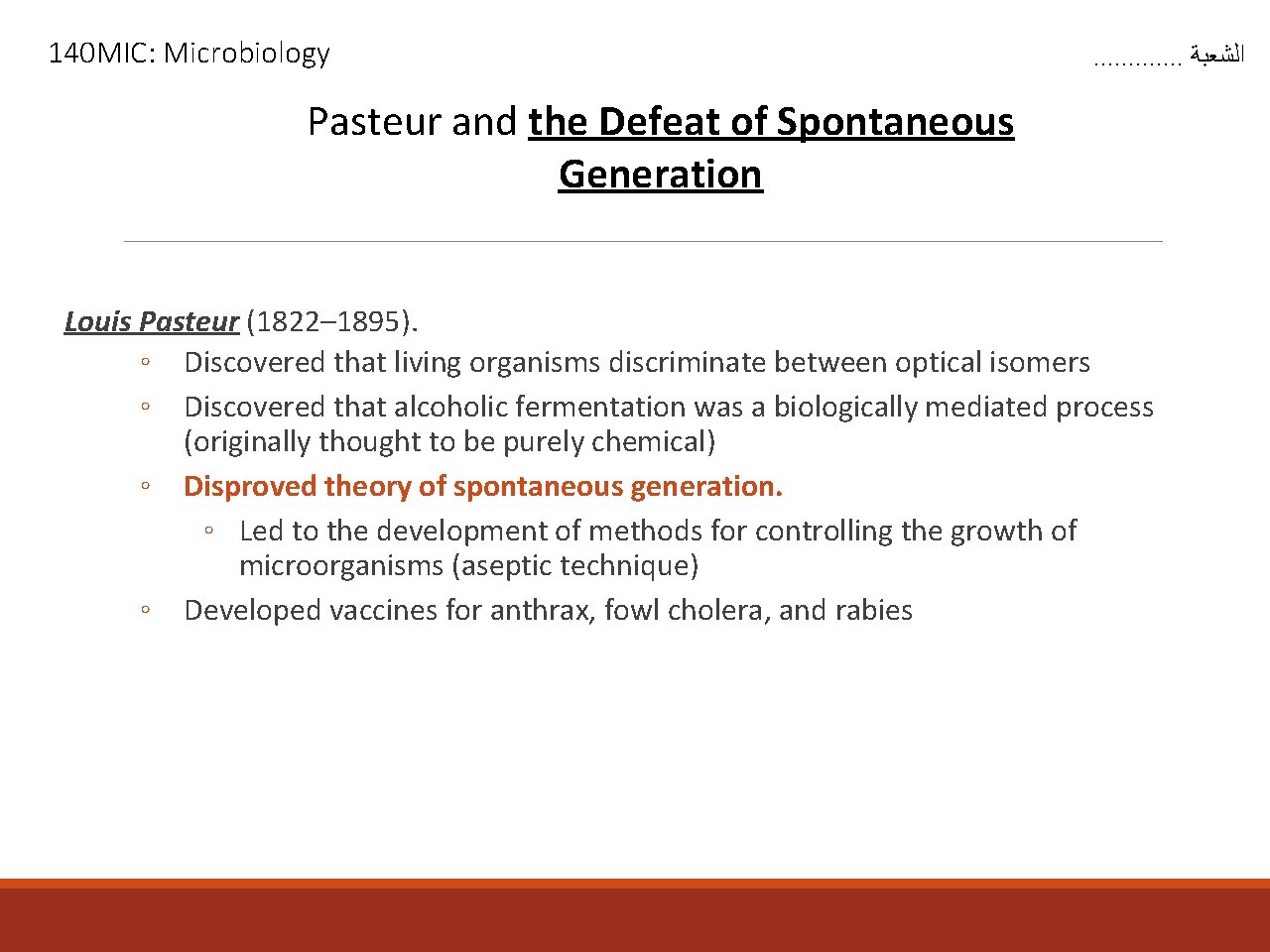 140 MIC: Microbiology . . . ﺍﻟﺸﻌﺒﺔ Pasteur and the Defeat of Spontaneous Generation
