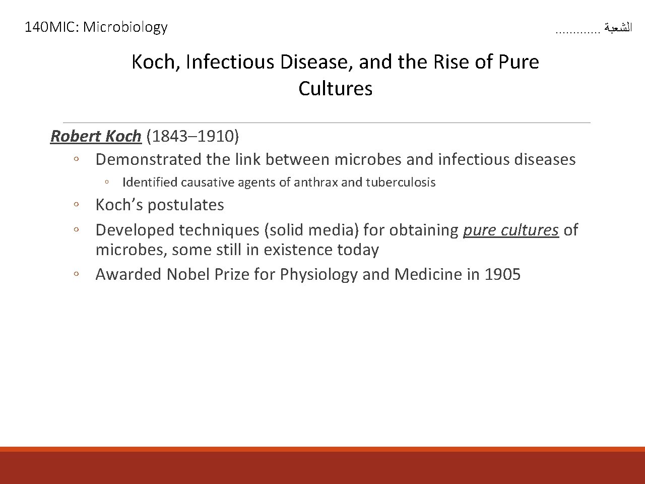 140 MIC: Microbiology . . . ﺍﻟﺸﻌﺒﺔ Koch, Infectious Disease, and the Rise of