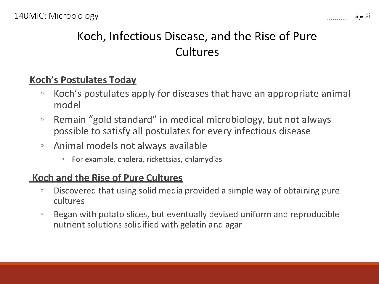 140 MIC: Microbiology . . . ﺍﻟﺸﻌﺒﺔ Koch, Infectious Disease, and the Rise of