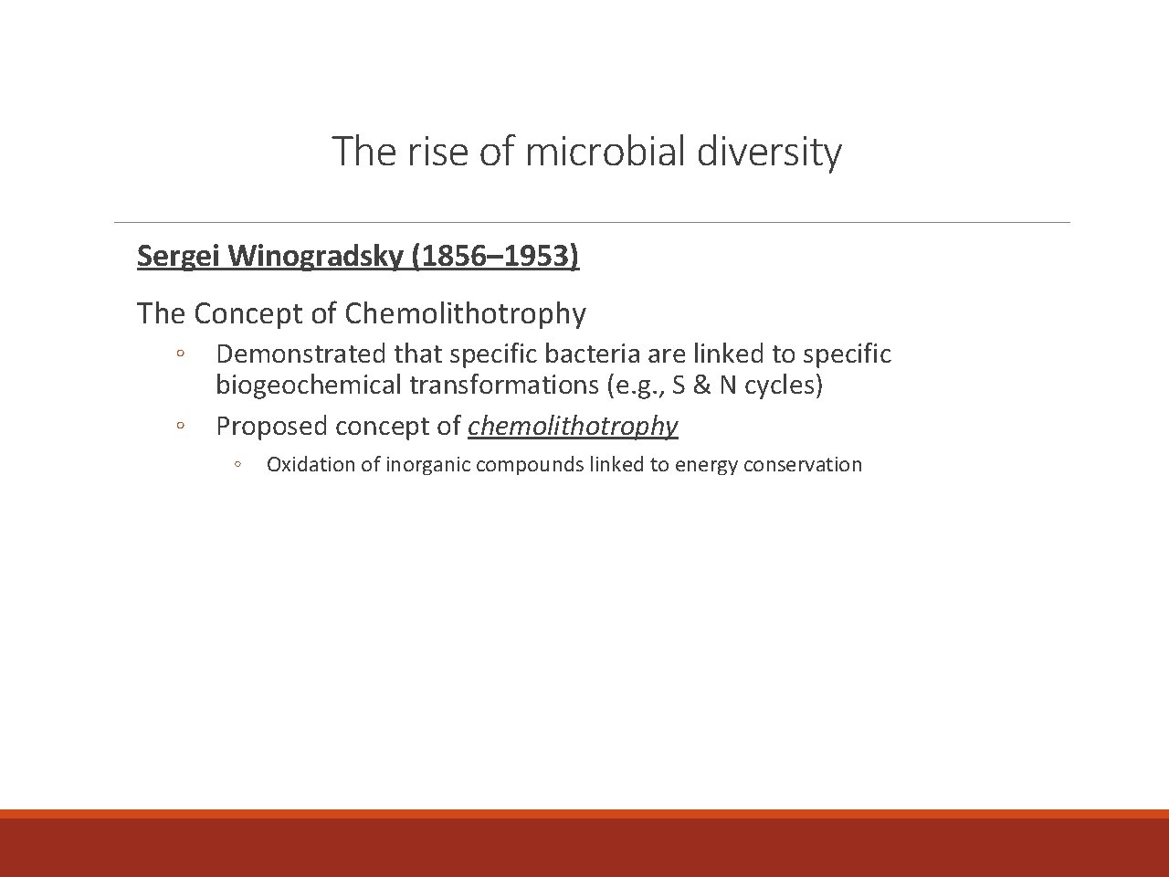The rise of microbial diversity Sergei Winogradsky (1856– 1953) The Concept of Chemolithotrophy ◦