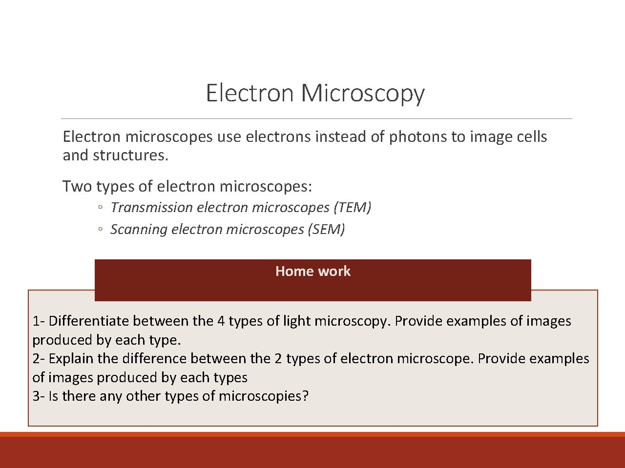 Electron Microscopy Electron microscopes use electrons instead of photons to image cells and structures.