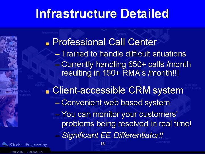 Infrastructure Detailed Professional Call Center – Trained to handle difficult situations – Currently handling