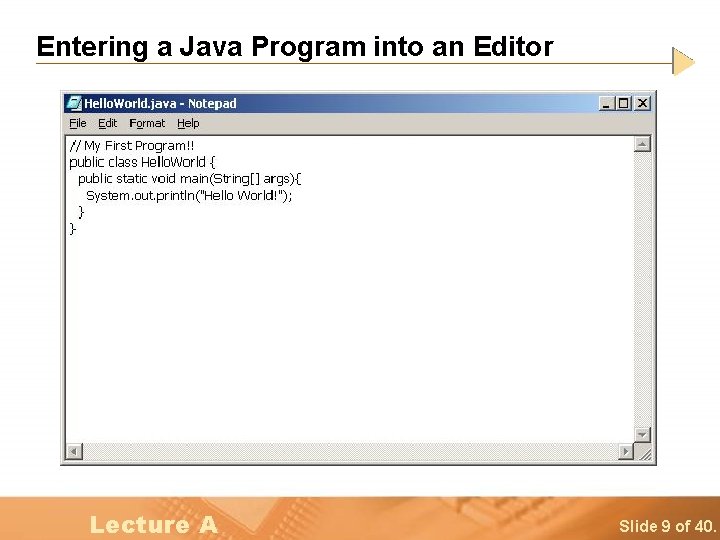 Entering a Java Program into an Editor Lecture A Slide 9 of 40. 