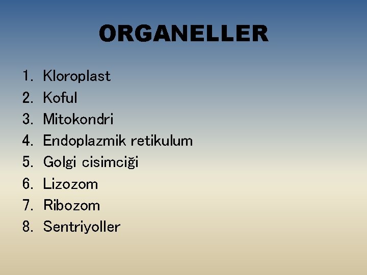 ORGANELLER 1. 2. 3. 4. 5. 6. 7. 8. Kloroplast Koful Mitokondri Endoplazmik retikulum