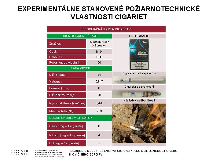 EXPERIMENTÁLNE STANOVENÉ POŽIARNOTECHNICKÉ VLASTNOSTI CIGARIET INFORMAČNÁ KARTA CIGARETY IDENTIFIKAČNÉ ÚDAJE FOTOGRAFIE Winston Fresh XSpresion