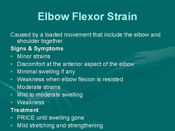Elbow Flexor Strain Caused by a loaded movement that include the elbow and shoulder
