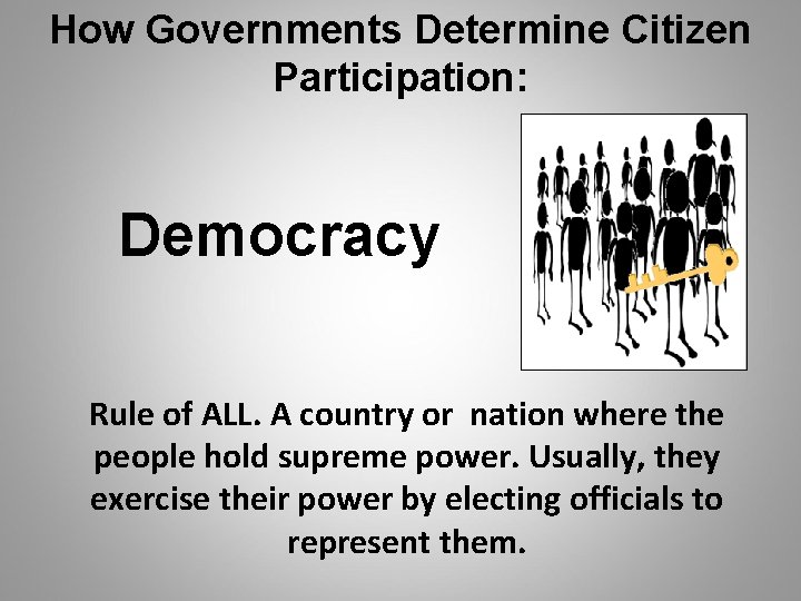 How Governments Determine Citizen Participation: Democracy Rule of ALL. A country or nation where