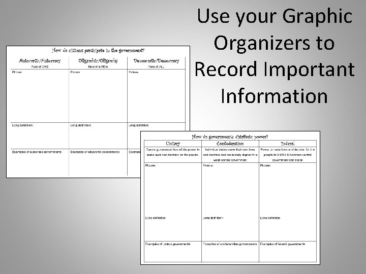Use your Graphic Organizers to Record Important Information 