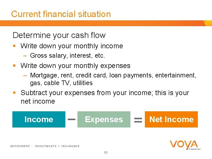 Current financial situation Determine your cash flow § Write down your monthly income –