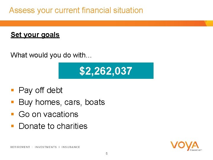 Assess your current financial situation Set your goals What would you do with… $2,