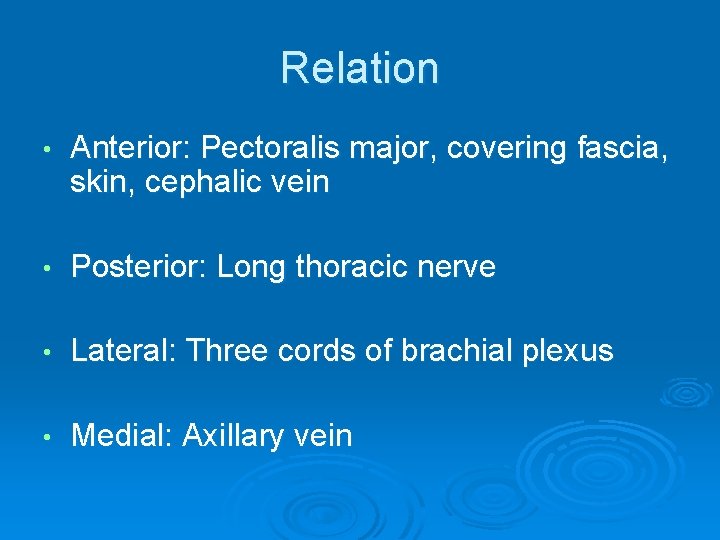 Relation • Anterior: Pectoralis major, covering fascia, skin, cephalic vein • Posterior: Long thoracic