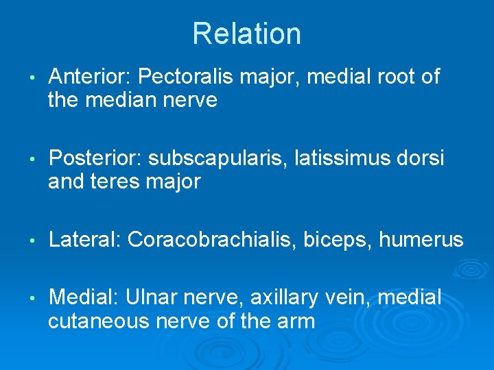 Relation • Anterior: Pectoralis major, medial root of the median nerve • Posterior: subscapularis,