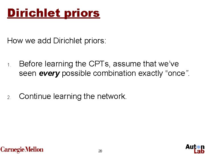 Dirichlet priors How we add Dirichlet priors: 1. 2. Before learning the CPTs, assume