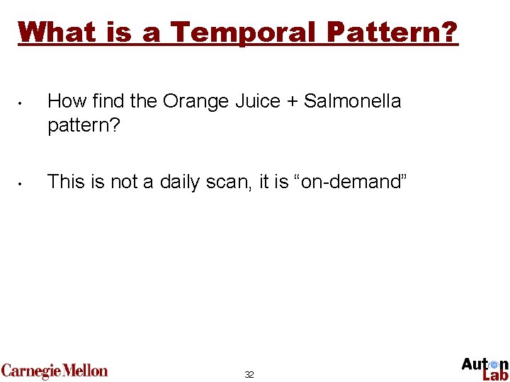 What is a Temporal Pattern? • • How find the Orange Juice + Salmonella