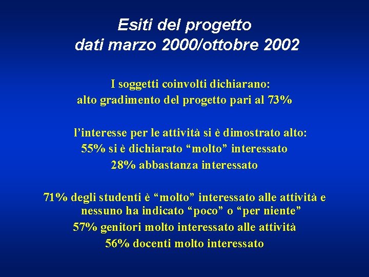 Esiti del progetto dati marzo 2000/ottobre 2002 I soggetti coinvolti dichiarano: alto gradimento del