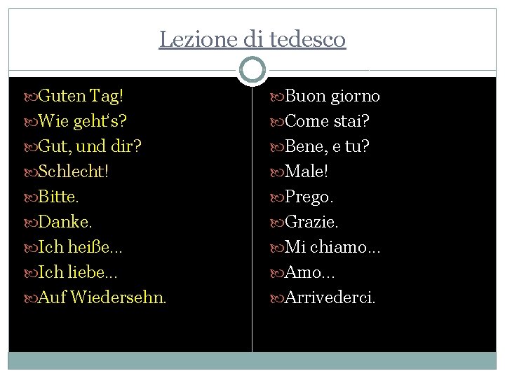 Lezione di tedesco Guten Tag! Buon giorno Wie geht‘s? Come stai? Gut, und dir?