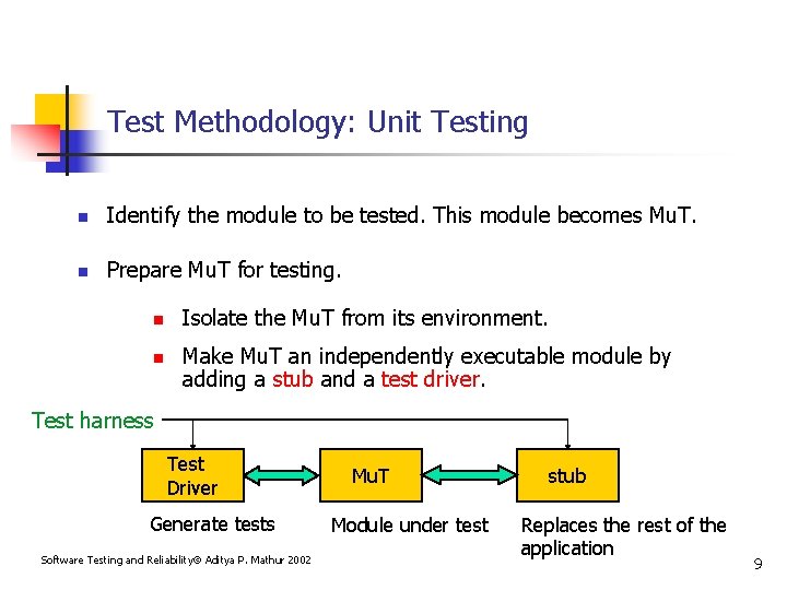 Test Methodology: Unit Testing n Identify the module to be tested. This module becomes