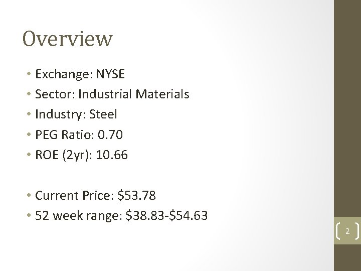 Overview • Exchange: NYSE • Sector: Industrial Materials • Industry: Steel • PEG Ratio: