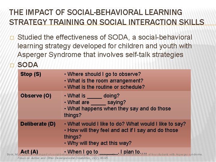 THE IMPACT OF SOCIAL-BEHAVIORAL LEARNING STRATEGY TRAINING ON SOCIAL INTERACTION SKILLS � � Studied
