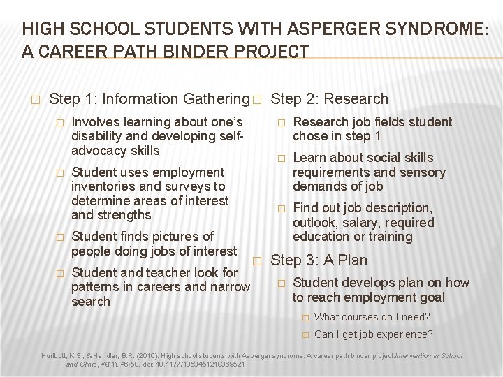 HIGH SCHOOL STUDENTS WITH ASPERGER SYNDROME: A CAREER PATH BINDER PROJECT � Step 1: