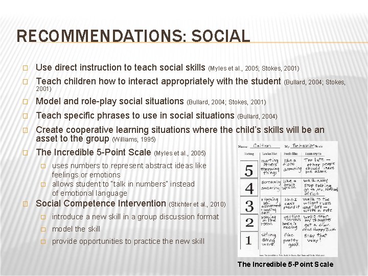 RECOMMENDATIONS: SOCIAL � Use direct instruction to teach social skills (Myles et al. ,