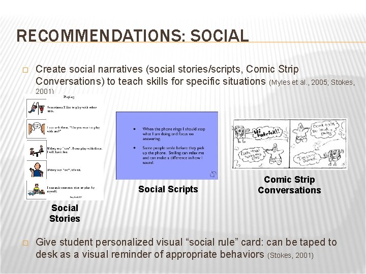 RECOMMENDATIONS: SOCIAL � Create social narratives (social stories/scripts, Comic Strip Conversations) to teach skills