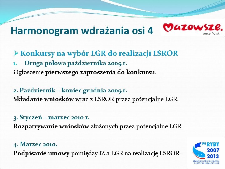 Harmonogram wdrażania osi 4 Ø Konkursy na wybór LGR do realizacji LSROR 1. Druga