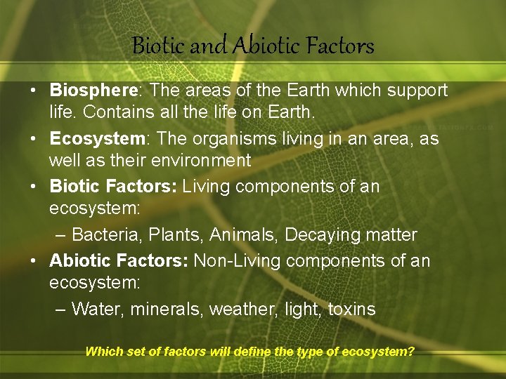 Biotic and Abiotic Factors • Biosphere: The areas of the Earth which support life.