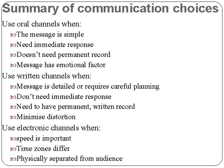 Summary of communication choices Use oral channels when: The message is simple Need immediate