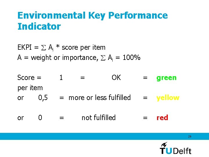 Environmental Key Performance Indicator EKPI = Ai * score per item A = weight