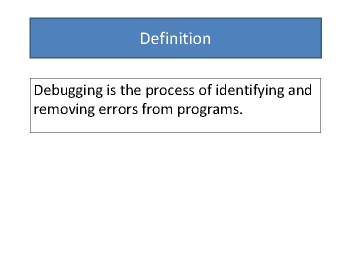 Definition Debugging is the process of identifying and removing errors from programs. 
