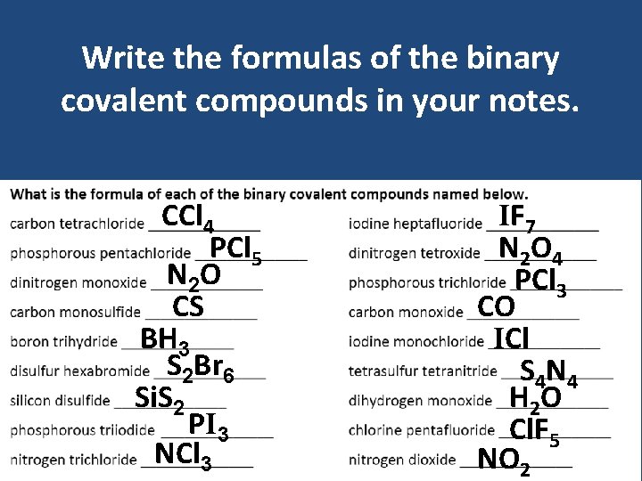 Write the formulas of the binary covalent compounds in your notes. CCl 4 PCl