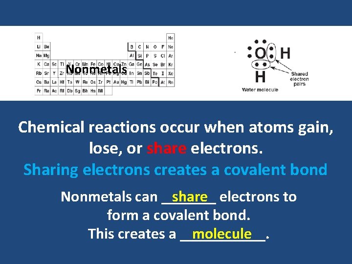 Nonmetals Chemical reactions occur when atoms gain, lose, or share electrons. Sharing electrons creates
