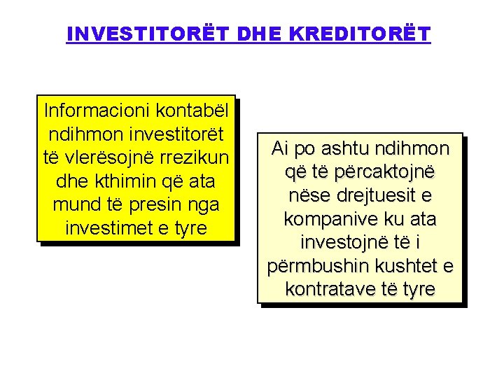 INVESTITORËT DHE KREDITORËT Informacioni kontabël ndihmon investitorët të vlerësojnë rrezikun dhe kthimin që ata