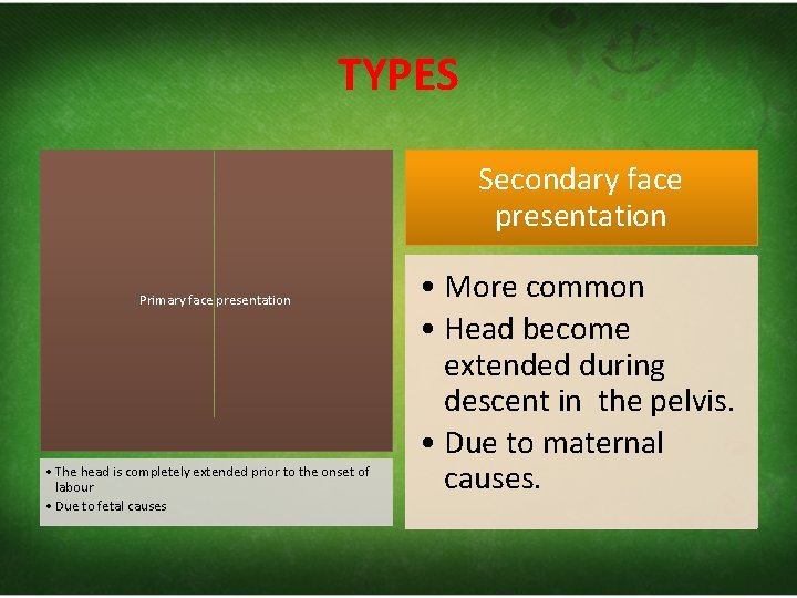 TYPES Secondary face presentation Primary face presentation • The head is completely extended prior