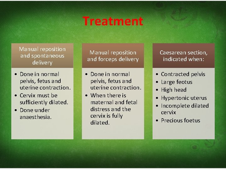 Treatment Manual reposition and spontaneous delivery Manual reposition and forceps delivery • Done in
