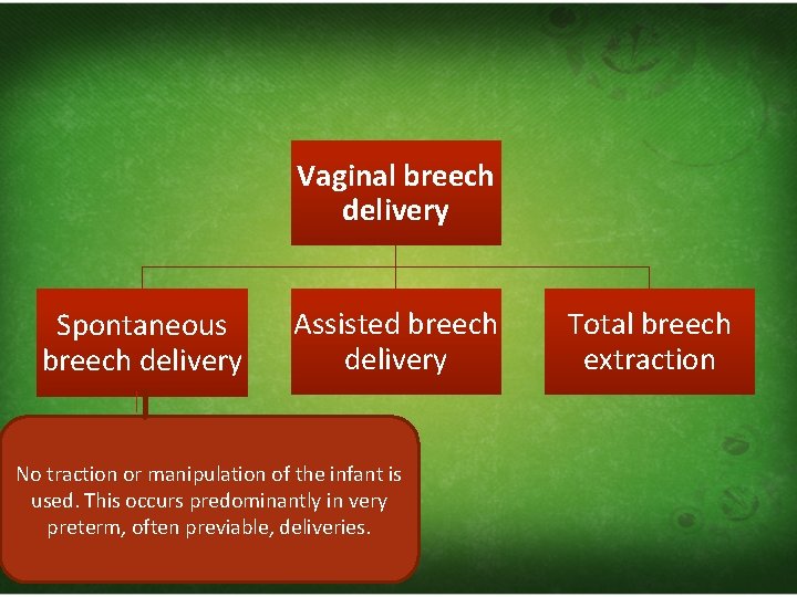 Vaginal breech delivery Spontaneous breech delivery Assisted breech delivery No traction or manipulation of