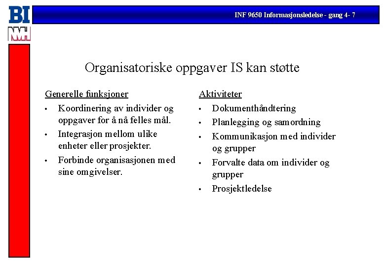 INF 9650 Informasjonsledelse - gang 4 - 7 Organisatoriske oppgaver IS kan støtte Generelle INF 9650 Informasjonsledelse - gang 4 - 7 Organisatoriske oppgaver IS kan støtte Generelle
