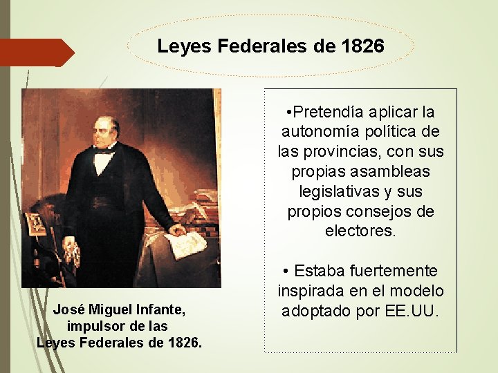 Leyes Federales de 1826 • Pretendía aplicar la autonomía política de las provincias, con