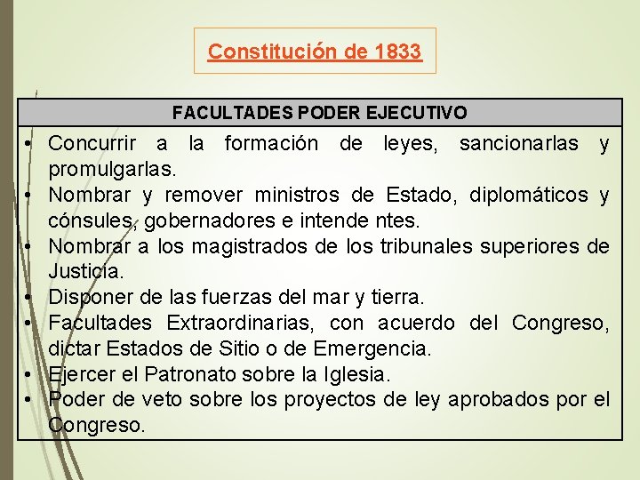 Constitución de 1833 FACULTADES PODER EJECUTIVO • Concurrir a la formación de leyes, sancionarlas