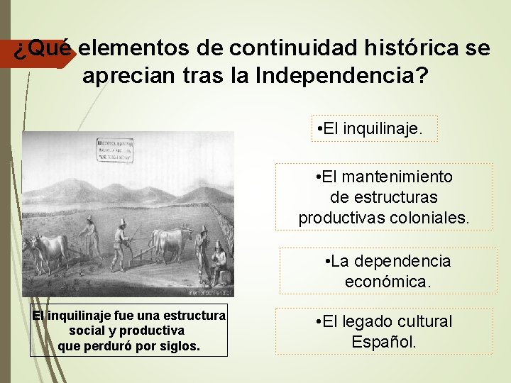 ¿Qué elementos de continuidad histórica se aprecian tras la Independencia? • El inquilinaje. •