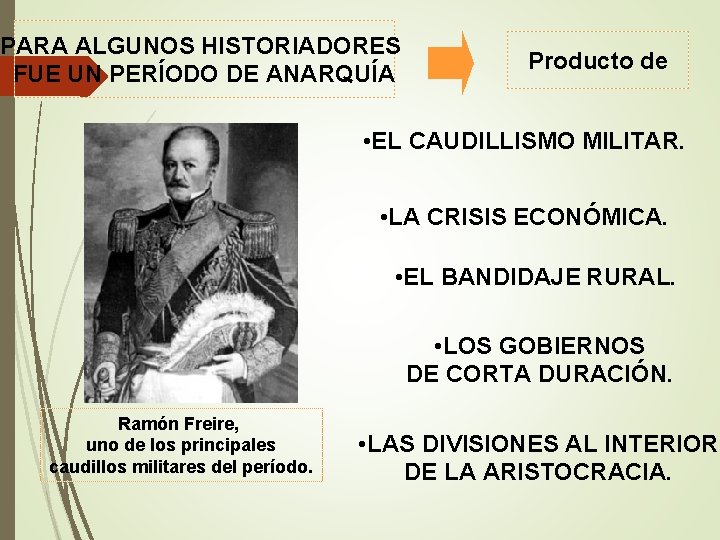 PARA ALGUNOS HISTORIADORES FUE UN PERÍODO DE ANARQUÍA Producto de • EL CAUDILLISMO MILITAR.