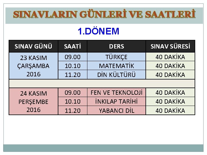 SINAVLARIN GÜNLERİ VE SAATLERİ 1. DÖNEM SINAV GÜNÜ SAATİ DERS SINAV SÜRESİ 23 KASIM