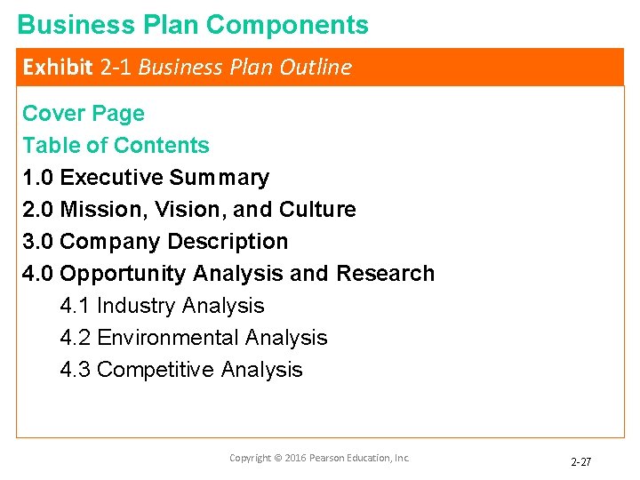 Business Plan Components Exhibit 2 -1 Business Plan Outline Cover Page Table of Contents